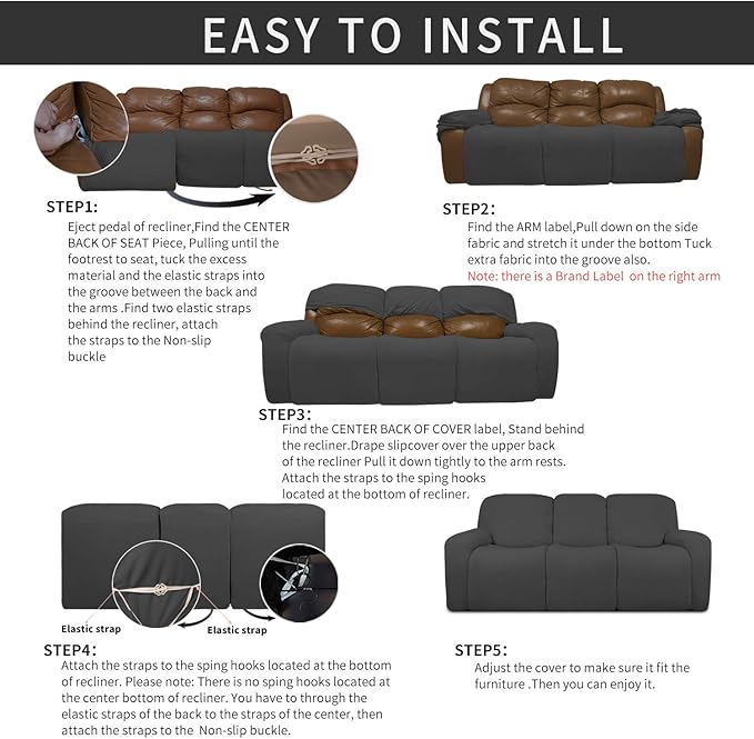 Easy-Going 8 Pieces Recliner Sofa Stretch Sofa Slipcover Sofa Cover Furniture Protector Couch Soft with Elastic Bottom Kids, Spandex Jacquard Fabric Small Checks Dark Gray