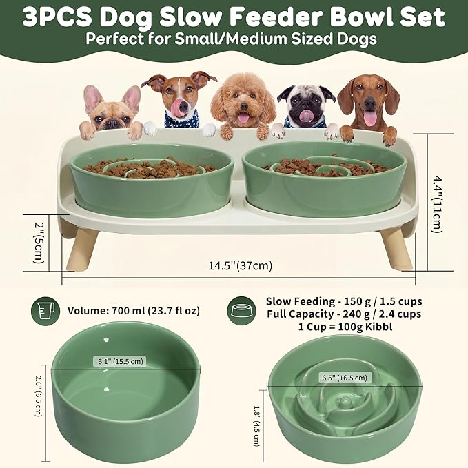 Elevated Slow Feeder Dog Bowls - Ceramic Food and Water Bowl Set with Stand - Raised Pet Dishes for Small and Medium Sized Dogs