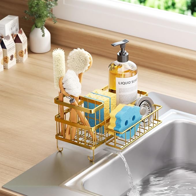 Consuemst Sponge Holder for Kitchen Sink - Auto Draining Sink Caddy Organizer with Detachable Rack, High Brush Holder, Kitchen Countertop Storage Accessories, Gold