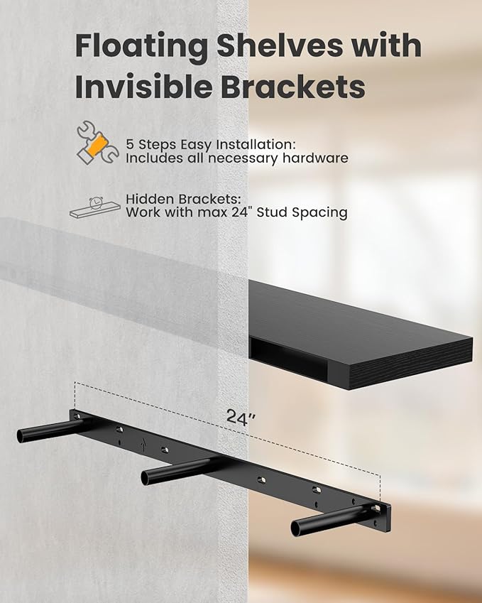 AMADA HOMEFURNISHING 47.2" L Floating Shelves, Wall Shelves Set of 3 for Bathroom/Living Room/Bedroom/Kitchen, Black Floating Shelves for Wall Decor with Invisible Brackets - AMFS55B