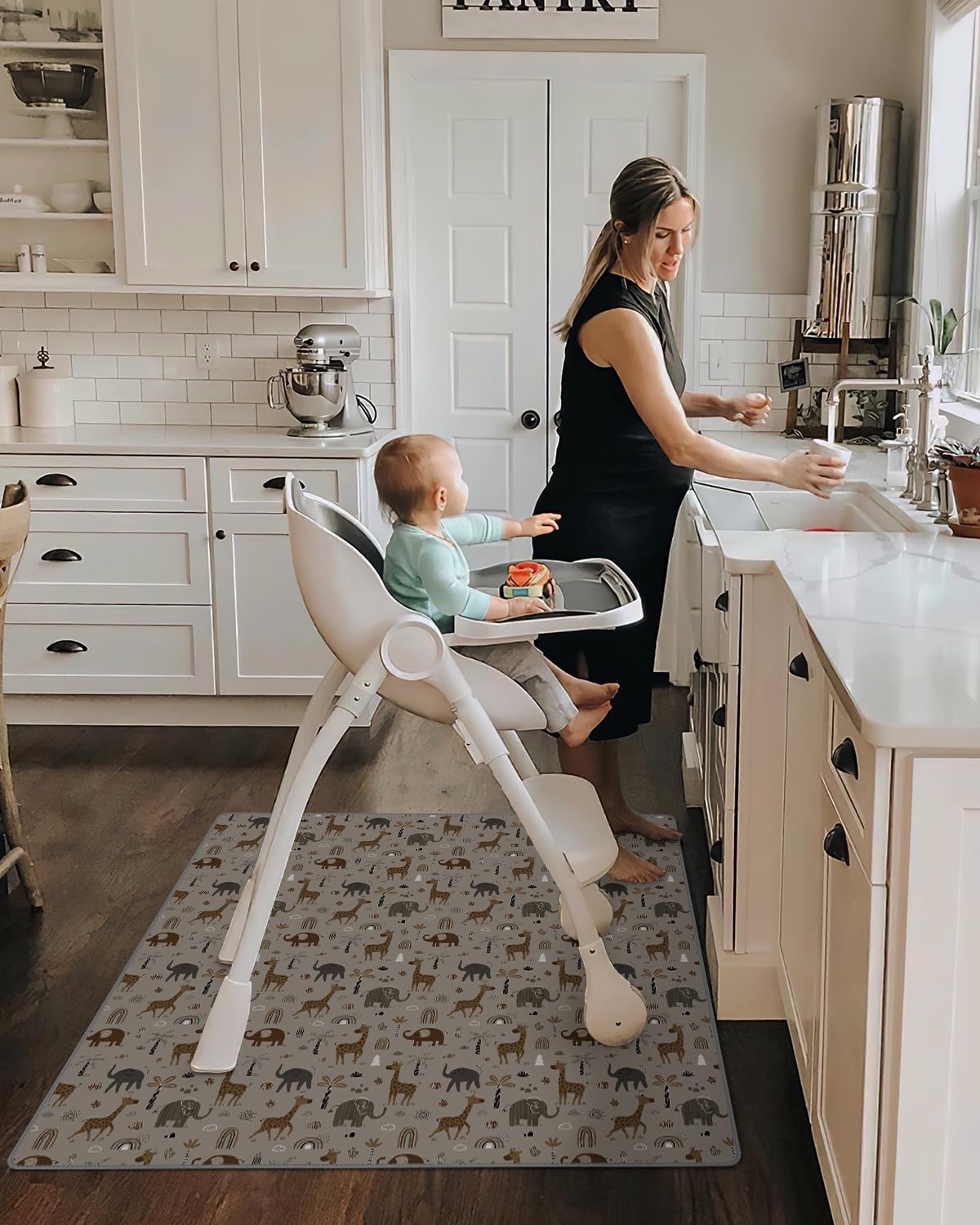 Blissful Diary Baby Splat Mat for Under High Chair, 50.4 x 50.4 Inch Wipeable Splash Mat, Waterproof and Washable, Anti-Slip Floor Protector, Elephant&Giraffe