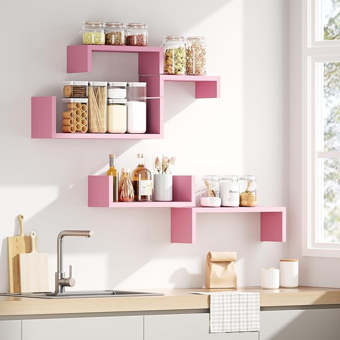 SRIWATANA Floating Shelves, Wall Shelves for Bathroom, Bedroom, Living Room, Kitchen, Office, Wood Shelves for Wall Decor Set of 5 (Pink)