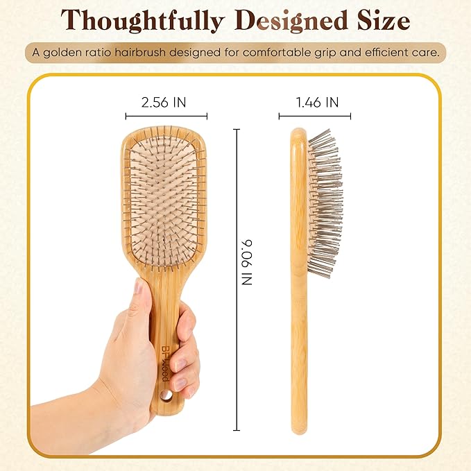 BFWood Bamboo Hair Brush with Steel Bristles, Metal Hair Brush Help Hair Growth and Massaging Scalp, Anti-frizz Metal Detangling Brush Styling Hairbrush