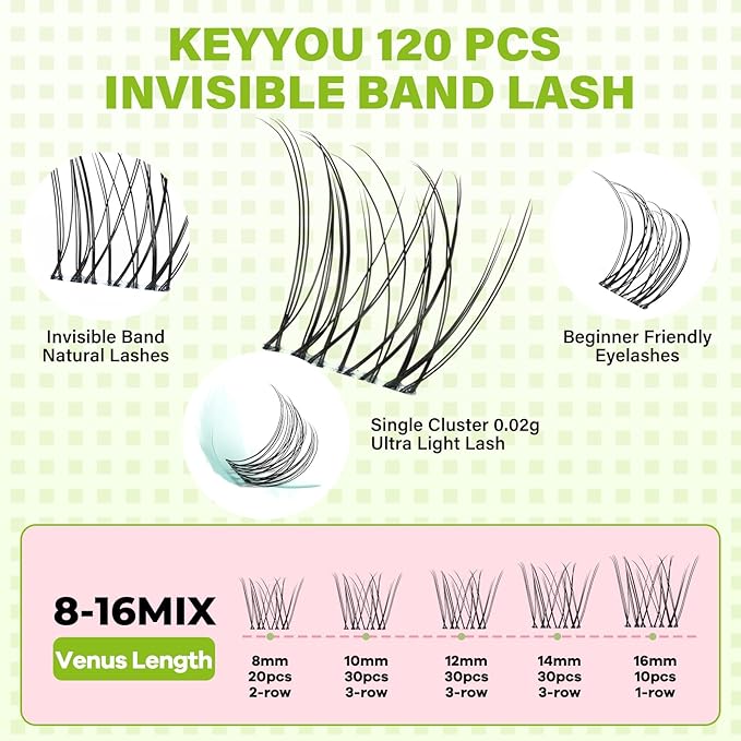 KEYYOU Venus Lash Clusters C Curl Fairy Lash Extension Eyelash Extension Wispy Natural Invisible Band Lash with Waterproof DIY Lash Extension at Home(Venus-C-16MM)