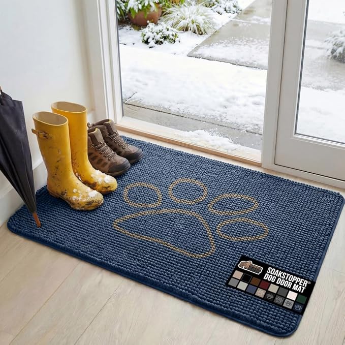 GORILLA GRIP SoakSTOPPER Dog Door Mat, 48x30 Machine Washable Rug Absorbent Doormat Captures Moisture Mud Dirt, Quick Dry Soft Chenille Entryway Rugs Indoor Entrance Mats for Dog Paws, Navy