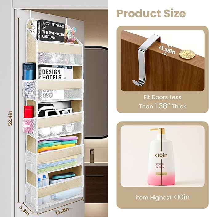 Space Saving Over The Door Organizer,6 Tiers Removable Anti Tilt Hanging Behind Door Storage,Heavy-Duty Reinforced Mesh Rack Holds 44lb for Bathroom,Pantry, Nursery,Closet, Shoes, Towels