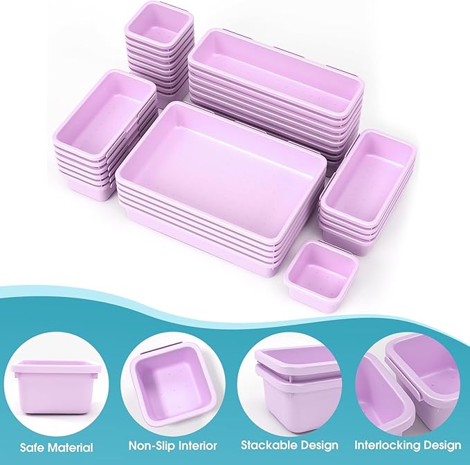 33 PCS Drawer Organizer Set, 4 Size Makeup Drawer Divider Organizer With Non-Slip Pads, Interlocking Plastic Storage Bins for Office,Jewelry Vanity,Gadgets, Bathroom,Kitchen, Purple