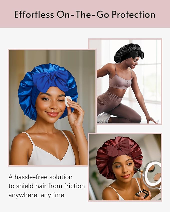 Yanideer 3 pcs Adjustable Satin Bonnets for Sleeping Double Layer Satin Lined Hair Bonnet with Tie Band for Women Curly Hair