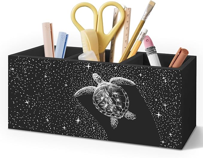 Turtle Beach Pen Pencil Holder for Desk Accessories, Dark Starry Night Animal Coastal Wooden Box Decorative Sign for Home Office Desk Tabletop Decor
