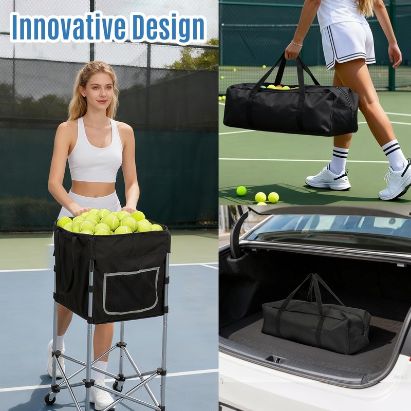 TaiAlphayi Tennis Ball Cart with Wheels & Brake (180 Capacity) – Heavy Duty Stainless Steel Frame with Detachable Washable Bag – Foldable Travel Hopper for Tennis & Pickleball, Portable Carrier