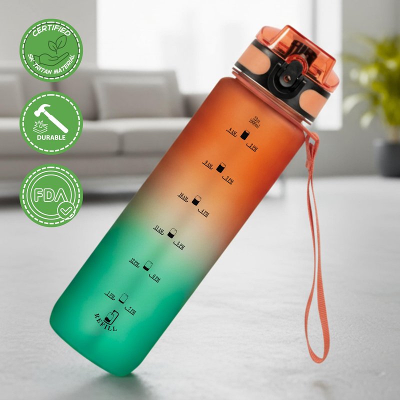 VINCEPLUS 32oz Titan Water Bottle with Time-Marked, 2 Lids (Fast Flow & Straw) - BPA/BPS Free, Leak-Proof, Airtight, Reusable Water Bottle - Perfect for Sports, Hiking (Green)