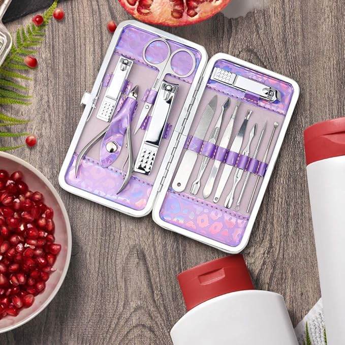 ZIZZON Nail Clippers Kit Manicure Pedicure Set with Holographic Case(Purple)