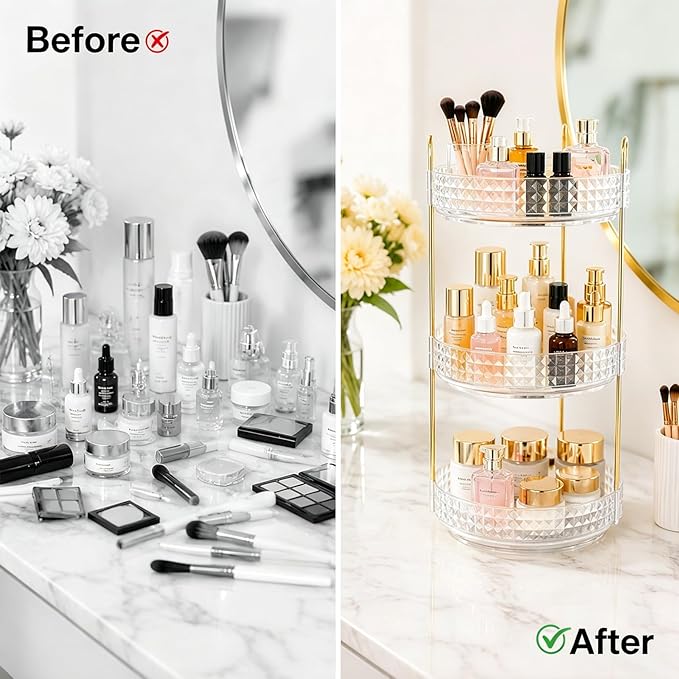 Fangoo 3 Tiers Clear Rotating Makeup Organizer for Vanity, 360 Spinning Skincare Organizers for Dresser Perfume Organizer Large Skincare Make up Storage Cosmetic Organizer for Bathroom Countertop