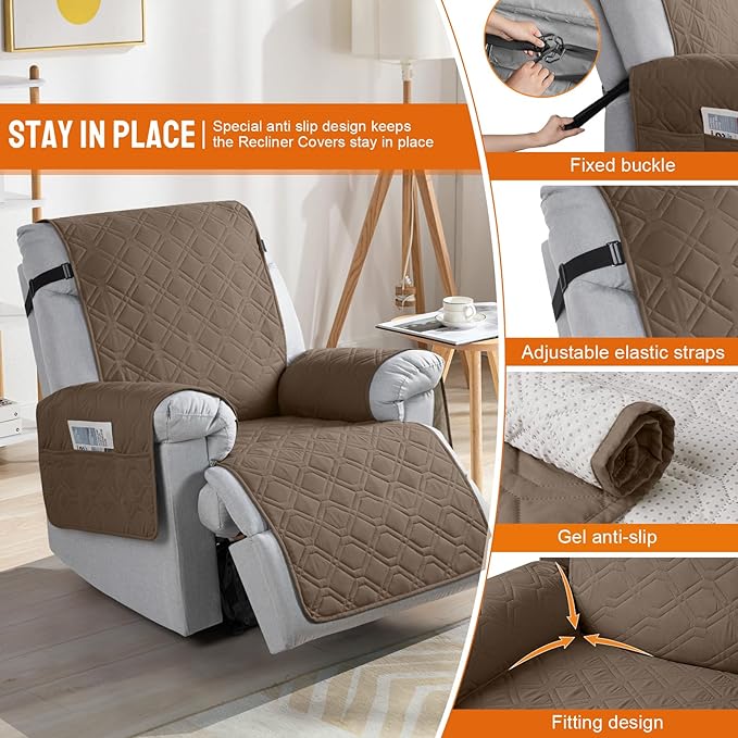 VANSOFY 100% Waterproof Recliner Chair Covers, Recliner Cover Non-Slip Dog Chair Cover Furniture Protector Washable Slipcover with Pocket, Elastic Straps for Pets, Dogs(Brown, 22")