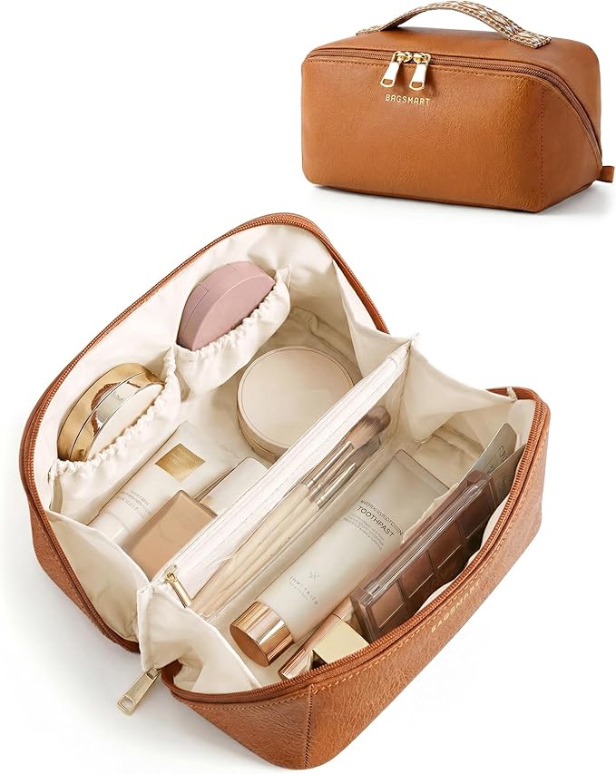 BAGSMART Makeup Bag Travel Cosmetic Bag, Large Make Up Bag Flat Open Toiletry Bag for Women, PU Leather Travel Essentials Organizer Case, Wide-open Pouch Purse for Skincare, Brushes, Vintage Brown