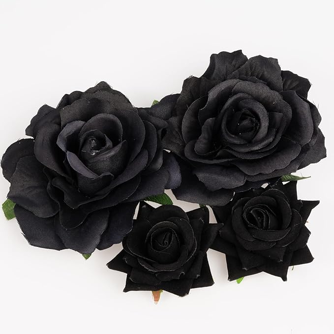 Rose Hair Clip Flower Hairpin Brooch Floral Clips, 4 Pcs Fabric Rose Flowers Hair Clips Mexican Hair Flowers Pin up Headpieces for Woman Girl Wedding Party Mother's Day (Black)