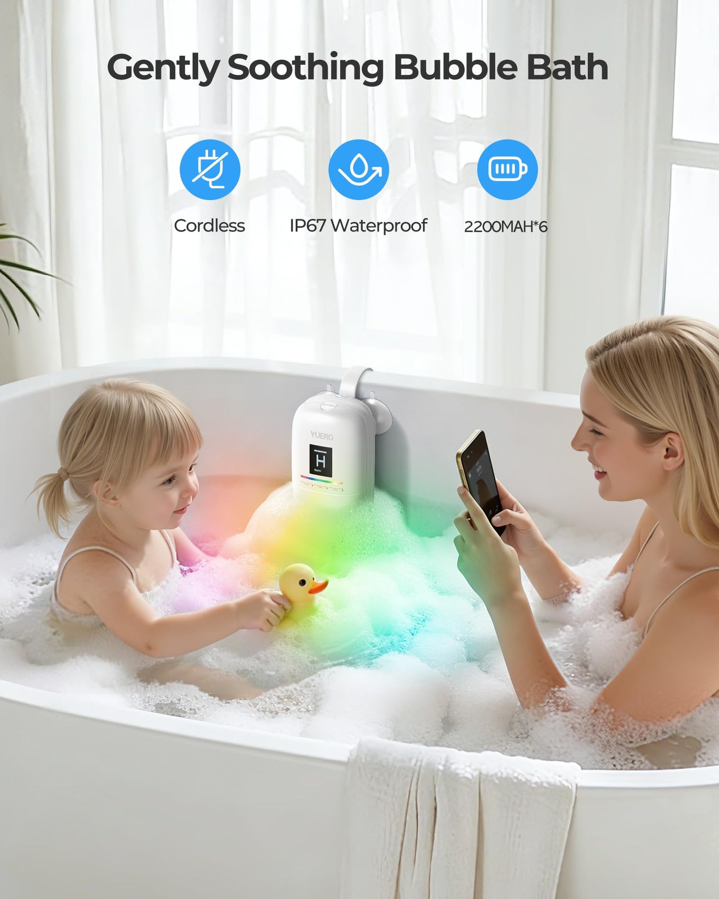 YUERO Bath Jets for Tub, Bath Jet or Bubble Mode, Cordless Waterproof Portable Bathtub Accessories with 3-Level Adjustable Speed, Bathtub Jets Massage for Home Spa, Travel Massage, Relaxing, Soothing
