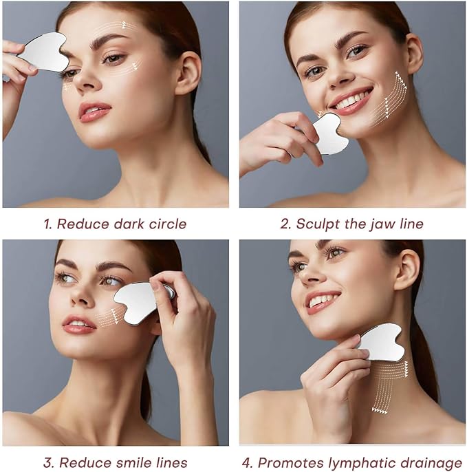 Metal Gua Sha Facial Tools, 100% 304 Stainless Steel Guasha Tool for Face, Premium Guasha Set for Face, Body, Gua Sha Stone for Tighten Skin