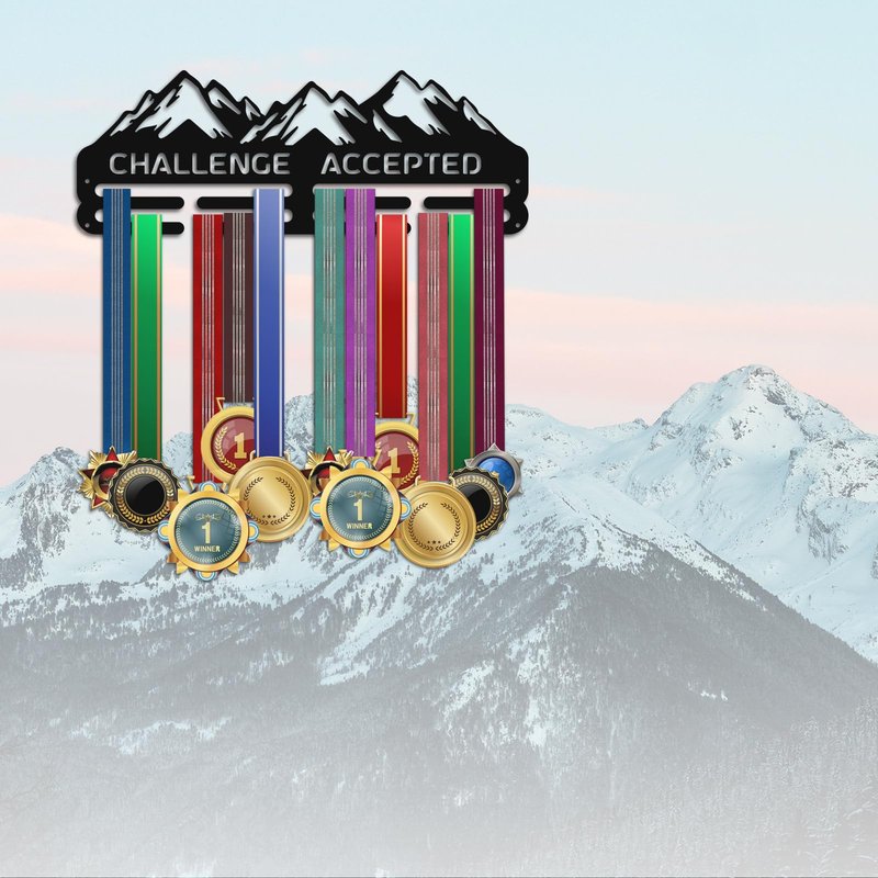 PH PandaHall Mountain Medal Hangers Wall Mounted Challenge Accepted Medal Rack Display Metal Triathlon Running Sport Challenge Awards Hanging Holder for Over 50 Competition Medal Necklace Jewelry