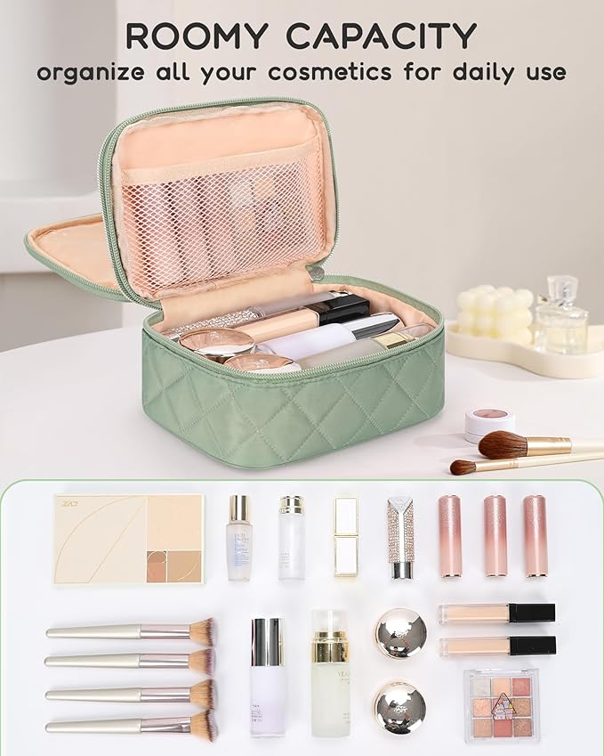 Relavel Travel Makeup Bag, Cosmetic Bag for Girls with 2 Makeup Brush Holders, Portable Makeup Pouch for Women, Cute Toiletry Bag with Double Layer Organizer - Green