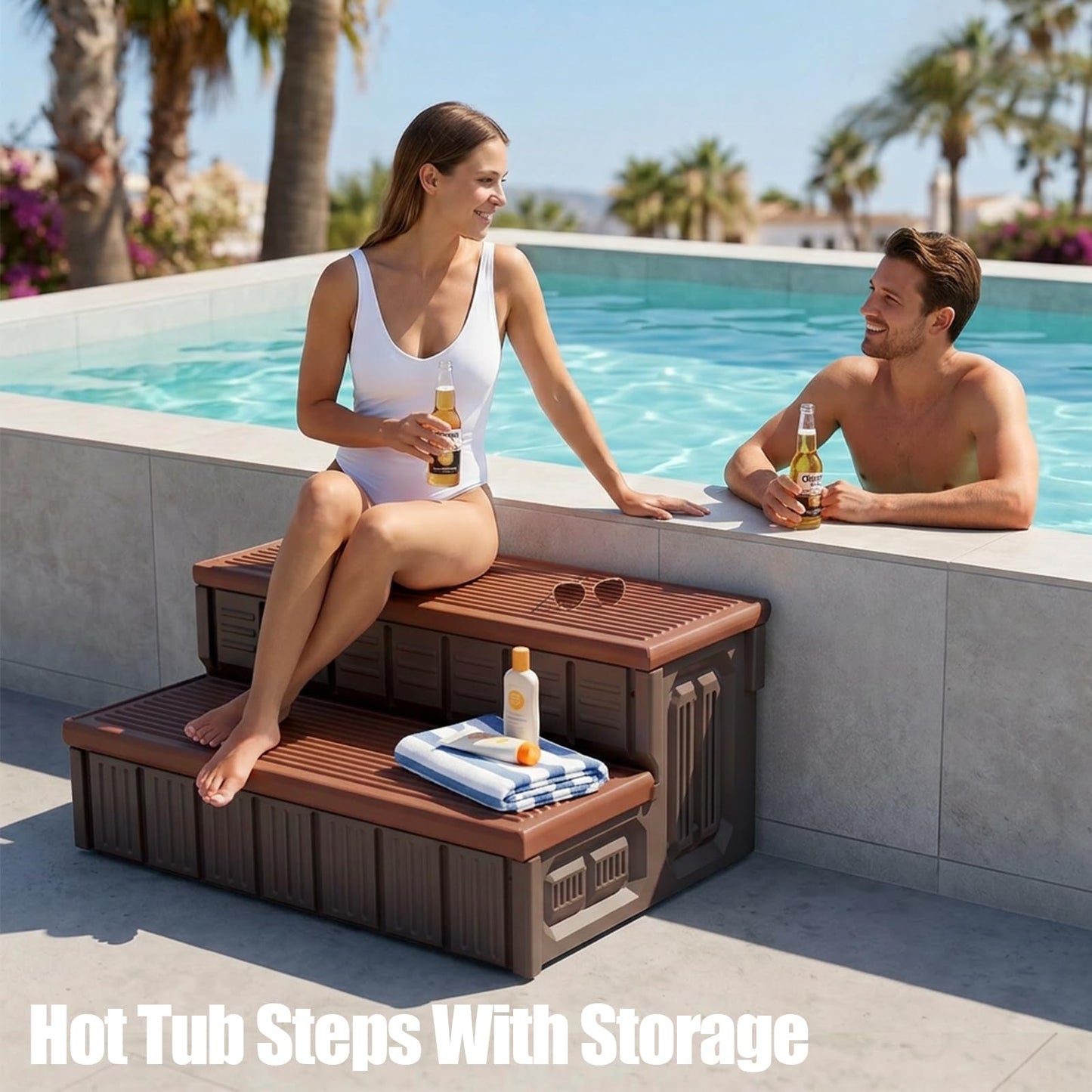 Hot Tub Steps, Outdoor Spa Steps with Storage, Non-Slip & Sturdy Hot Tub Stairs, 36 Inches Long