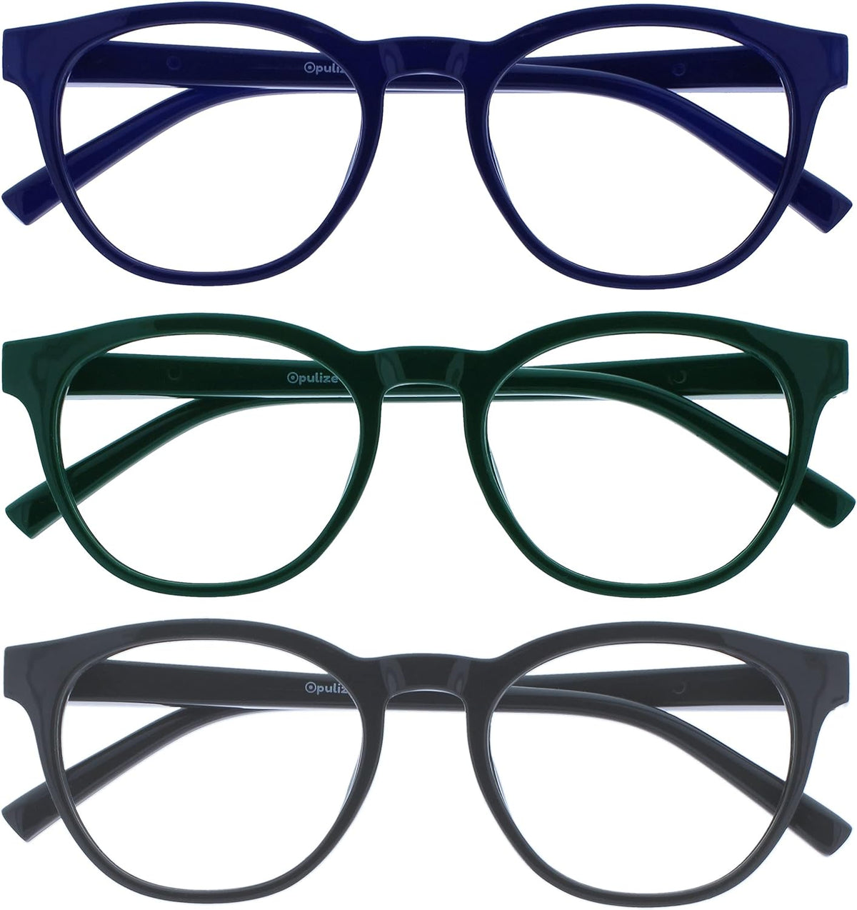 OPULIZE BLU Blue Light Blocking Reading Glasses for Women Men, Cool Round Frame with Anti-Glare Computer and Gaming Eyewear, UV and Eyestrain Protection, Blue Green Grey +1.50 (Pack of 3)