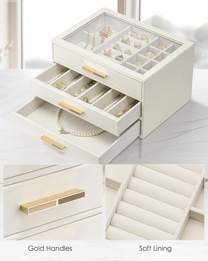 VLANDO Jewelry Box for Women, Glass Lid Jewelry Organizer with 3 Drawers for Necklaces Rings Earrings Bracelets Mother Day Gift for Mom - Cloud White