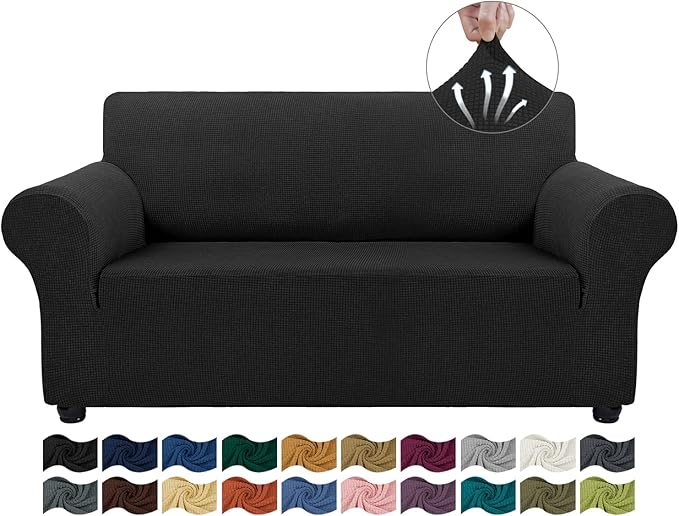 Asnomy Sofa Covers for 2 Cushion Couch Stretch loveseat Cover Slipcovers, Pet Protector Furniture Covers for Dogs Cats Spandex Jacquard Fabric Small Checks（Medium， Black）