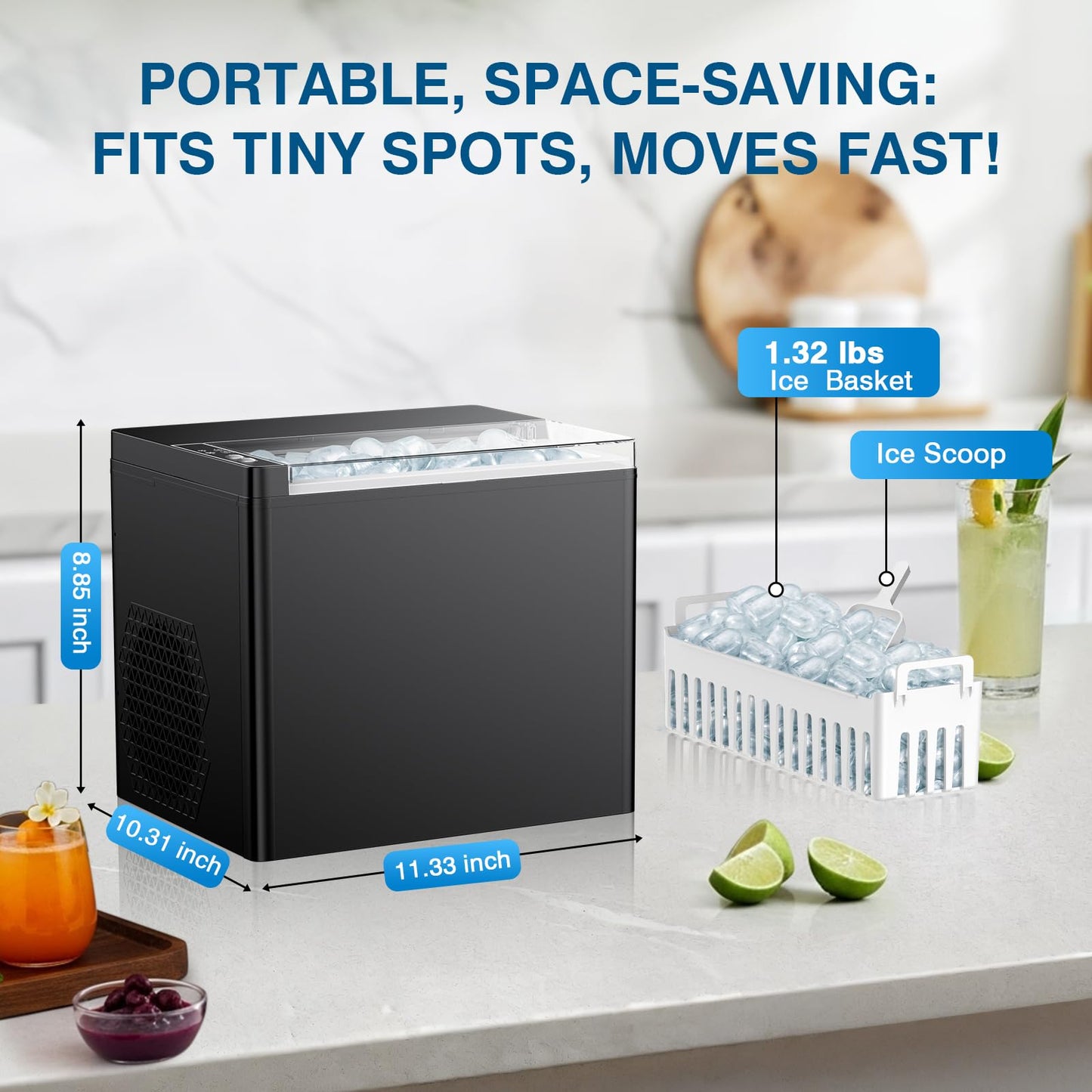 Ice Makers Countertop, 9 Ice Cubes in 6 Mins Portable Ice Maker, 2 Sizes of Bullet Ice (S/L) Small Ice Machine for Home Kitchen Camping (Raven)