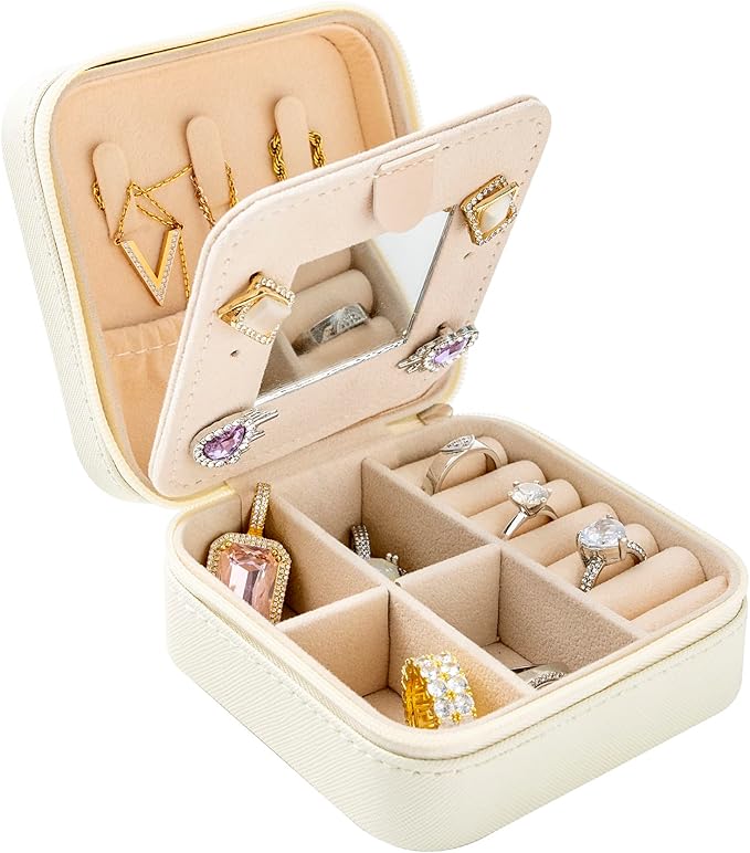 KElofoN Travel jewelry case Travel jewelry box Travel Jewelry Organizer Small Jewelry Organizer Box Gift for Girls Women with Mirror(White)