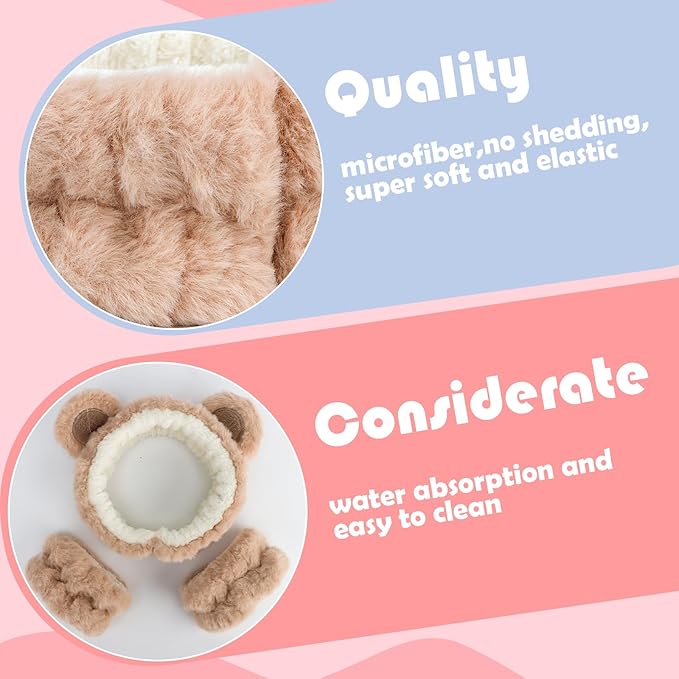 Canitor Face Wash Headband with Wrist Towels - Soft Coral Fleece Spa Makeup Headband, Cute Animal Elastic Skincare Design with Bear Ears