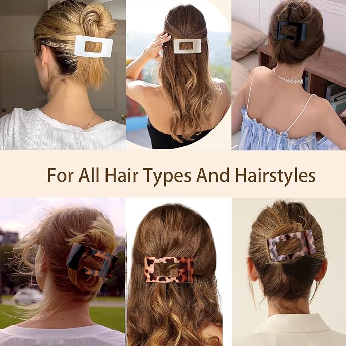 4 Pack Large Flat Hair Clips for Women, Rectangle Matte Non-slip Lay Down Claw Clips, French Strong Hold No Crease Barrettes for Thick & Thin Hair, Stylish Square Hair Accessories (Grey)