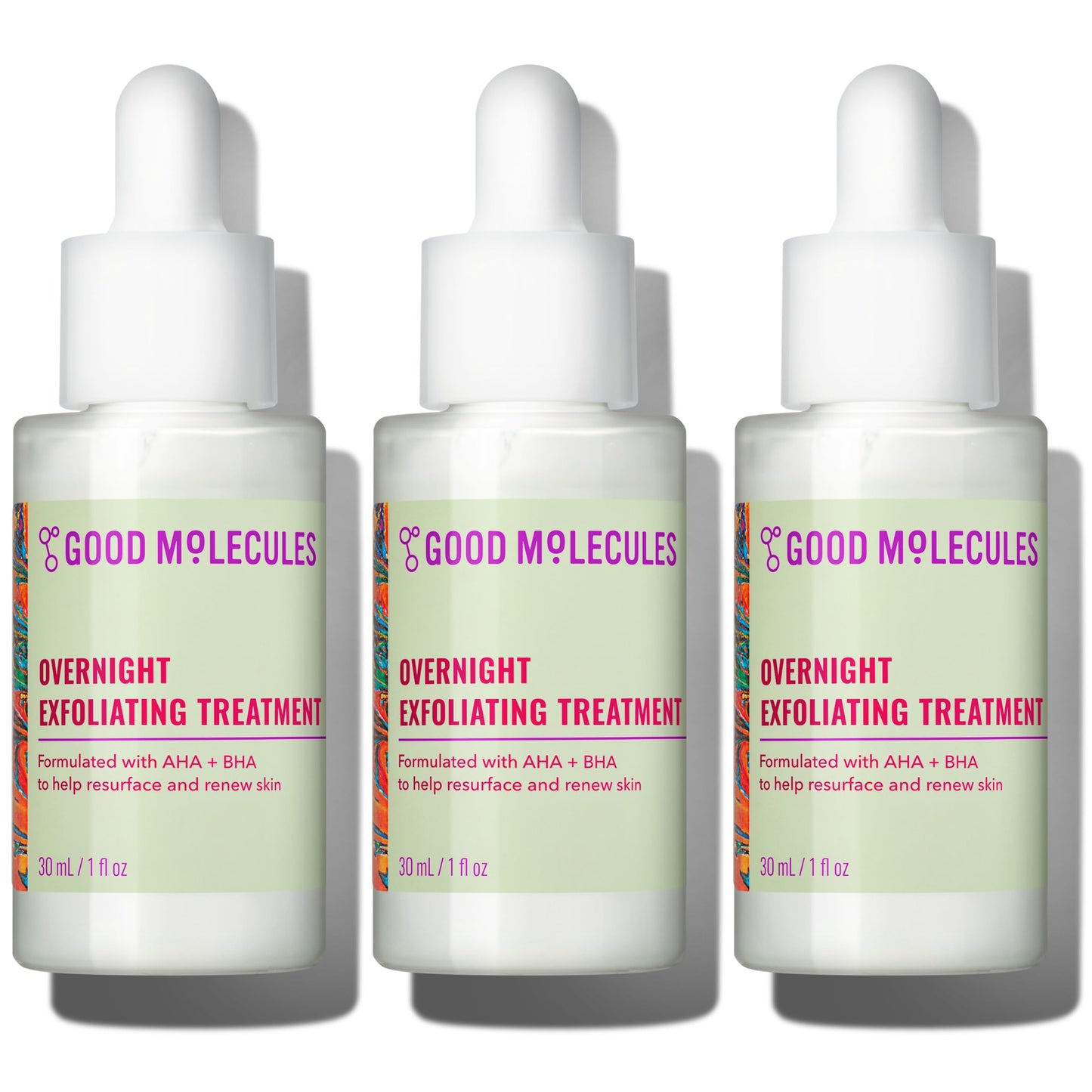 Good Molecules Overnight Exfoliating Treatment Pack 3 – 1 fl oz / 30 ml Each | Lightweight Face Exfoliator with AHA & BHA, Glycolic & Salicylic Acid