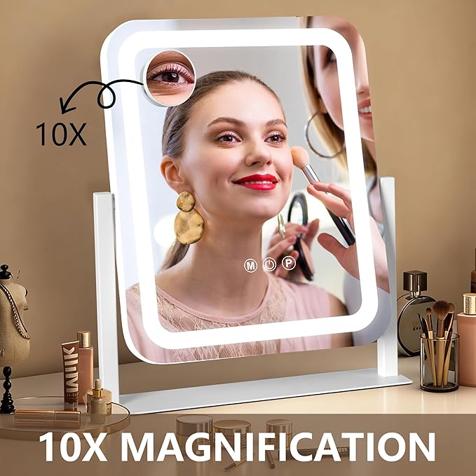 Vanity Mirror with Lights 15"×13", Led Makeup Mirror, Lighted Makeup Mirror with 3 Color Dimmable Lights, Smart Touch Screen Control, 360°Rotation