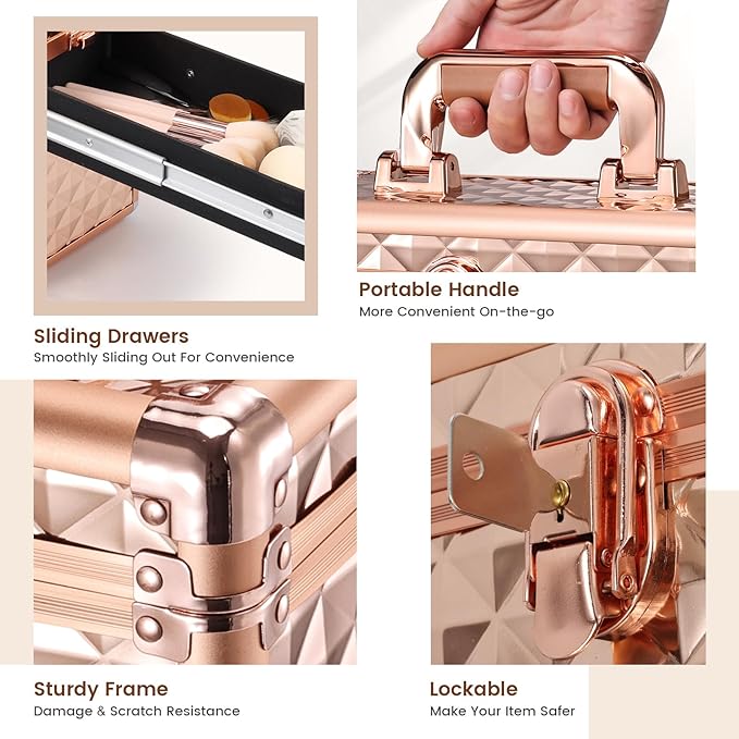 Makeup Train Case Professional Makeup Organizer Case with Drawer Mirror Extra Large Makeup Manicure Accessory with Dividers Travel Cosmetic Case for Cosmetologist Nail Tech Kits Makeup Case Rose Gold