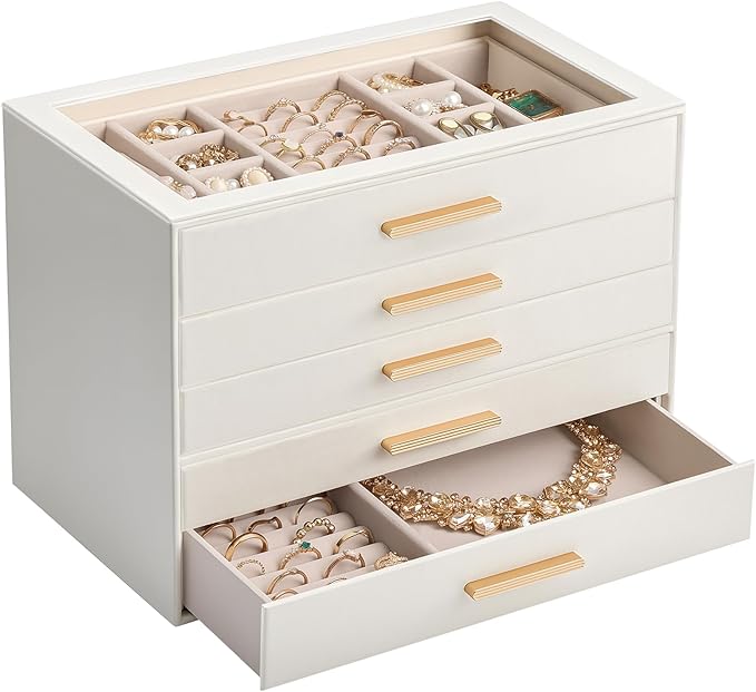 Lolalet Jewelry Box Organizer, 5-Layer Jewelry Organizers and Storage Case with Glass Lid, Ring Earring Bracelet Necklace Holder Organizer, Birthday Valentine Gifts for Women Girls -5Layer, Beige