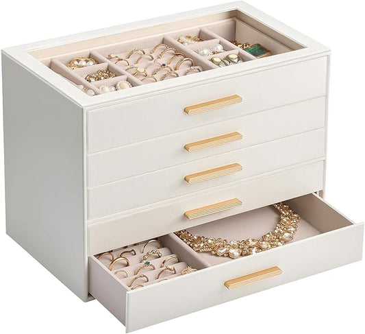 Lolalet Jewelry Box Organizer, 5-Layer Jewelry Organizers and Storage Case with Glass Lid, Ring Earring Bracelet Necklace Holder Organizer, Birthday Valentine Gifts for Women Girls -5Layer, Beige
