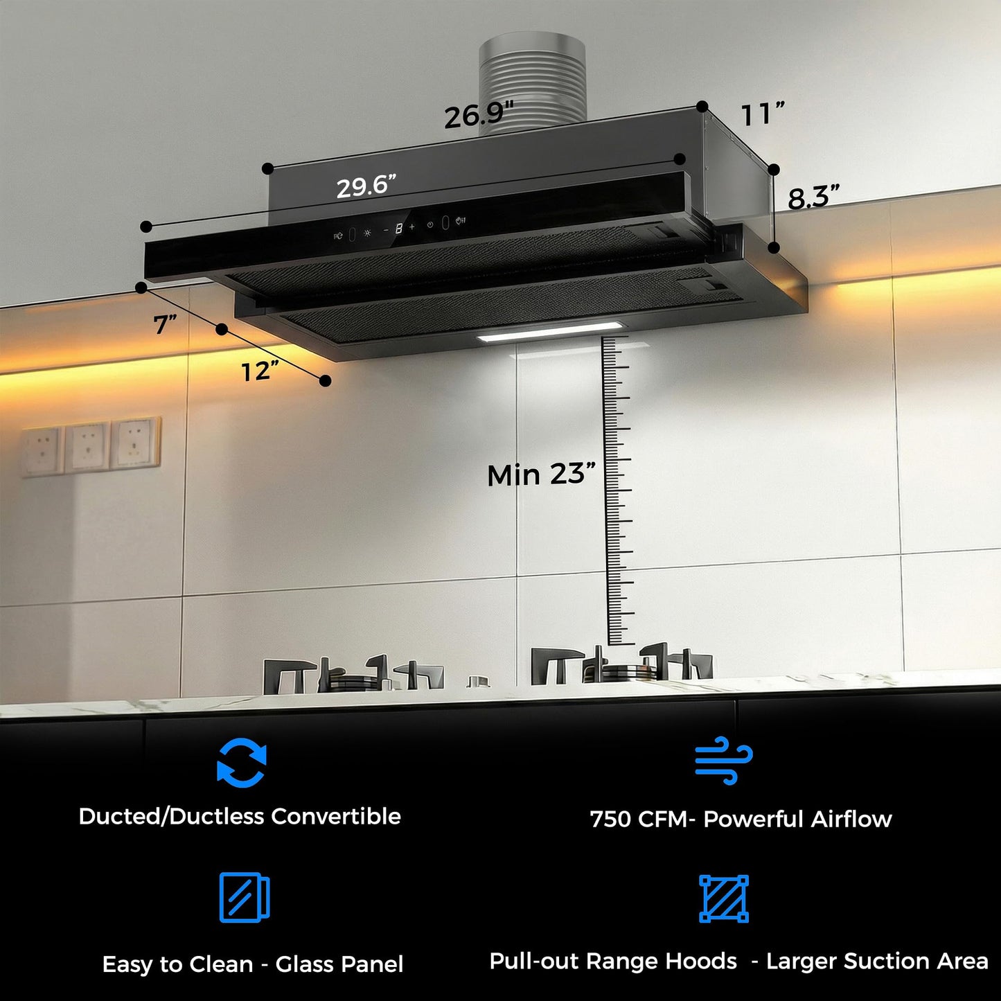 MOMOKOVA Range Hood 30 Inch Under Cabinet, Kitchen Hood with 750 CFM, 3-Speed Gesture Sensing & Touch Control, Stainless Steel Vent Hood with Pull-out Panel, LED Lights, 2 Pcs Aluminum Filters