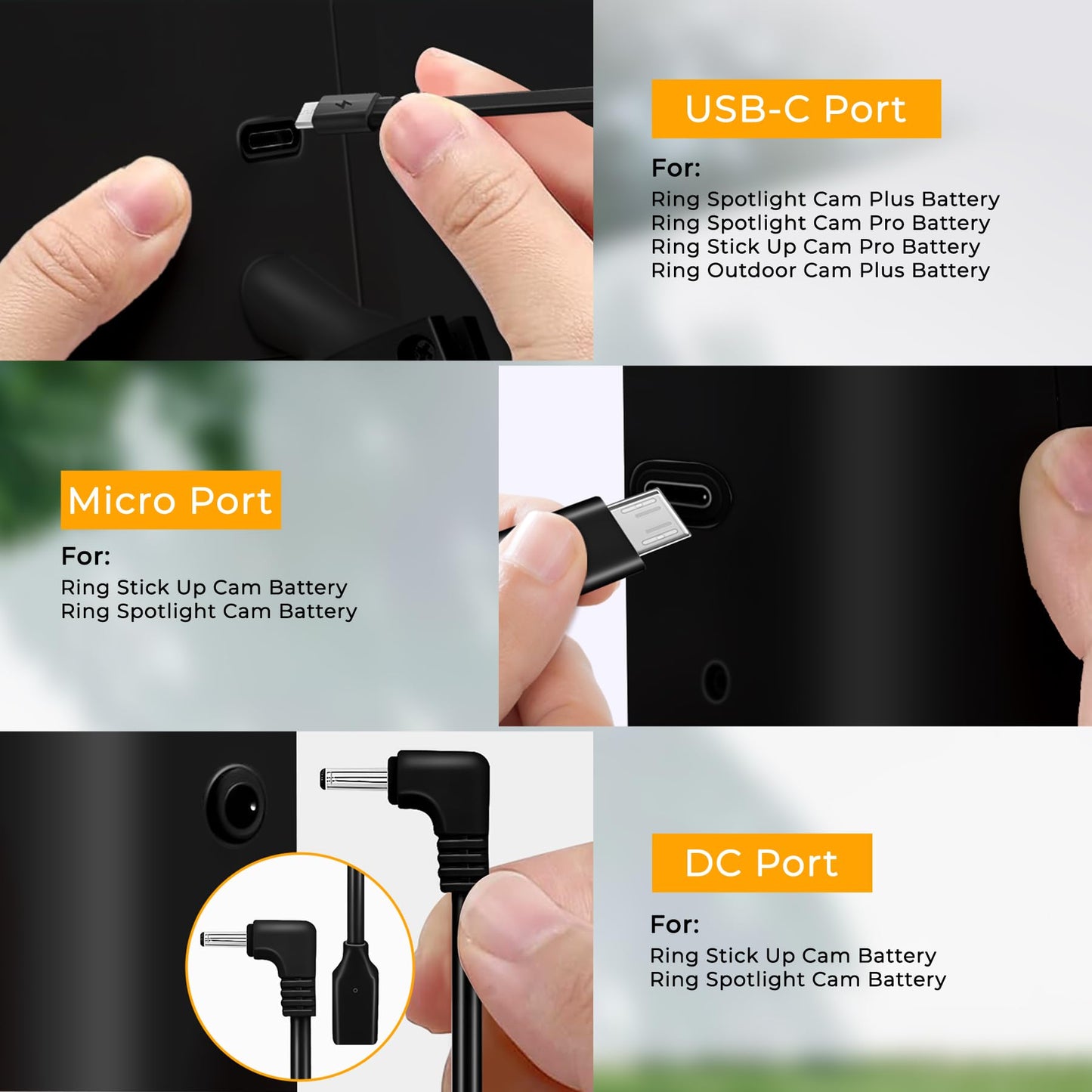 8W Solar Panel for Ring Camera, 3-Pack Solar Panel Charger Compatible with Ring Stick Up Cam Battery, Spotlight Cam Battery, Includes Barrel Plug to USB-C Adapter, IP65 Waterproof, 10ft Cable