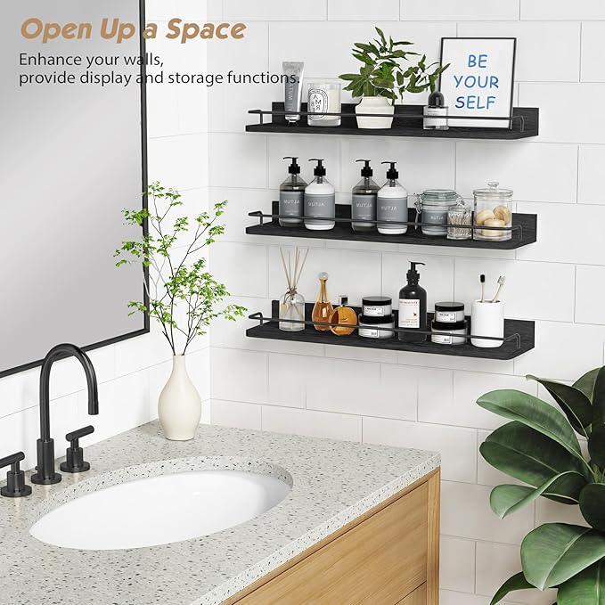 Forbena 24 Inch Wall Shelves for Bedroom 3-Pack, Black Floating Shelves with Rail, Vintage Large Floating Book Shelves for Bathroom Kitchen Living Room Office Decor Kids Room Legos Display (Black)