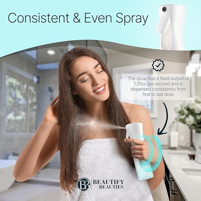 BeautifyBeauties Spray Bottle For Hair – Continuous Mister Spray Bottle for Hairstyling (White, 10.1 Ounces)