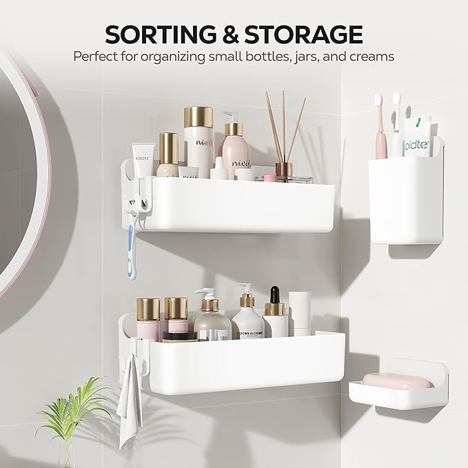 Nieifi Adhesive Wall Shelf, Shower Shelves, Shower Organizer for Bathroom Organization (White, 4 pieces)