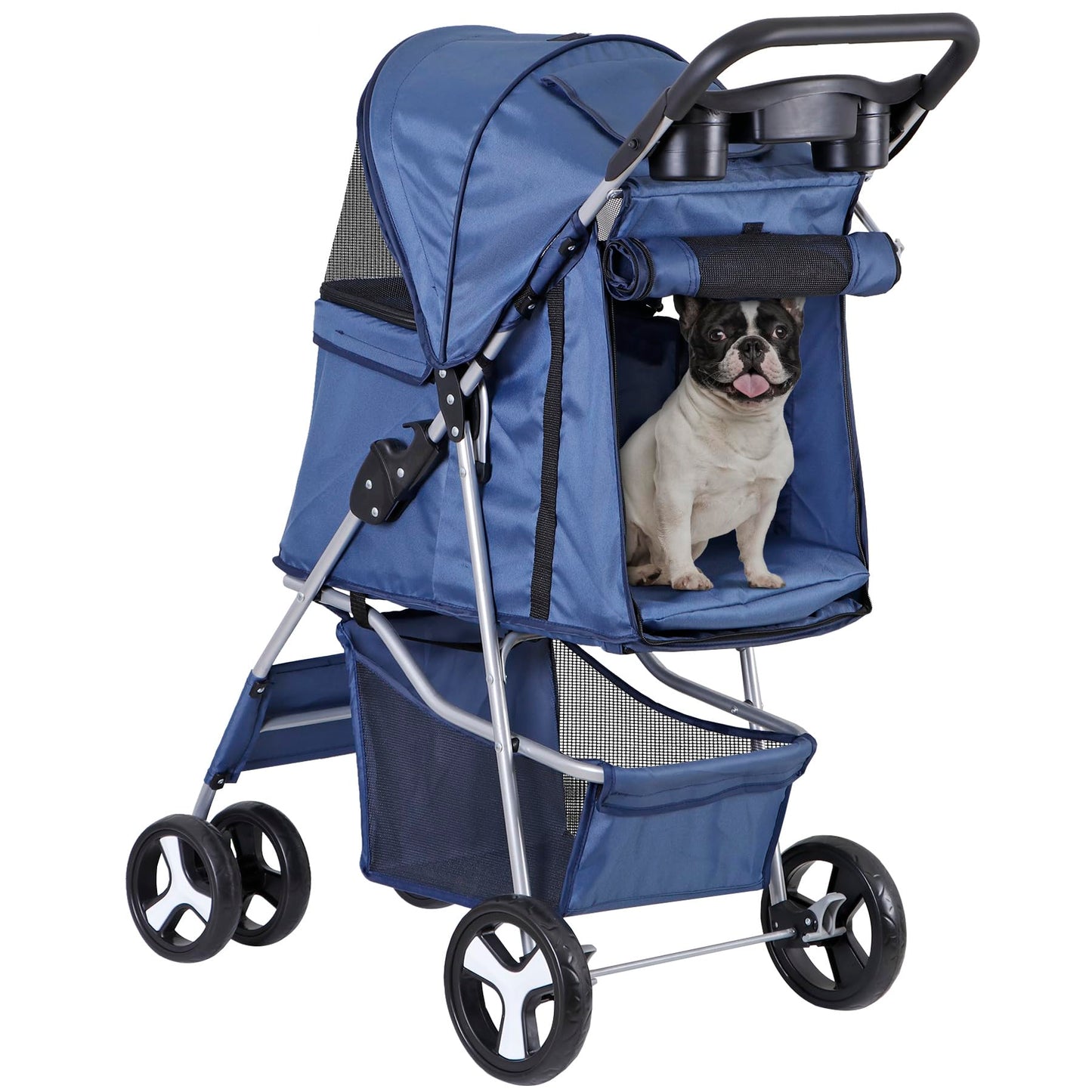 ZENY Foldable Pet Stroller, Cat/Dog Stroller with 4 Wheel, Pet Travel Carrier Strolling Cart with Storage Basket, Cup Holder (Navy Blue)
