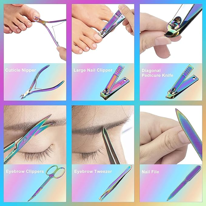 ANRUI Manicure Set Nail Clippers Pedicure Kit - 12pcs Stainless Steel Nail Kit, Colorful Professional Nail Care Kit Nail Files & Scissors Tools for Hands Foot Facial - Pink