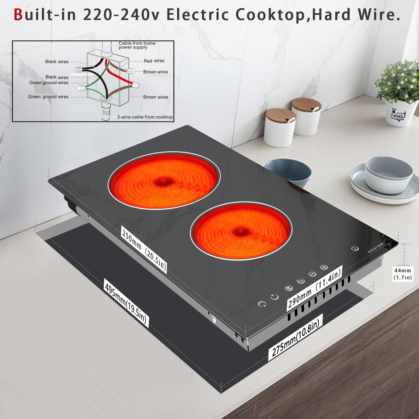 Noxton 30”Electric Cooktop with Downdraft Vent, 4 Burner Radiant Stove Top, 6000W, 240V Hardwired, 9 Heat Settings, 99-Min Timer, Pause & Child Lock(No Exhaust Pipe Required)