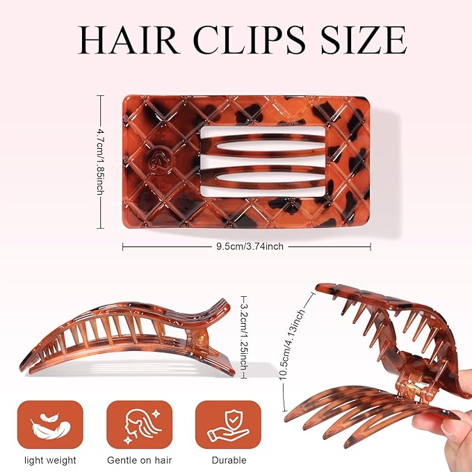 Large Flat Hair Claw Clips for Women Fine Thin Medium Thick Hair, Duckbill Strong Hold Non Slip Square Hair Clips, Cozy French Lay Down Hairclips, Tortoiseshell Colors, 4 Pcs