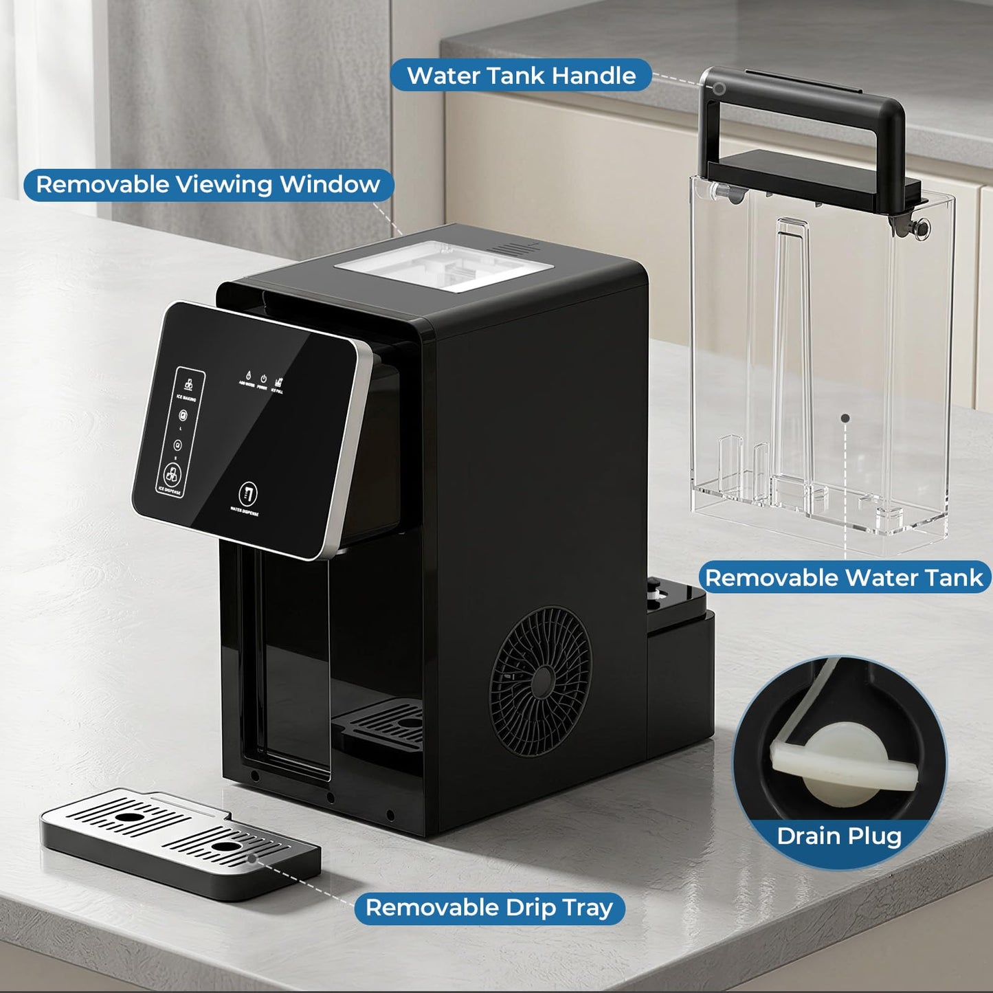 Antarctic Star Countertop Ice Maker & Cold Water Dispenser, 3.3L Removable Water Tank, 9 Bullet Ice Cubes per 8 Mins, 26lbs/24H, 2 Ice Size Options, Ideal for Home/Office/Dorm