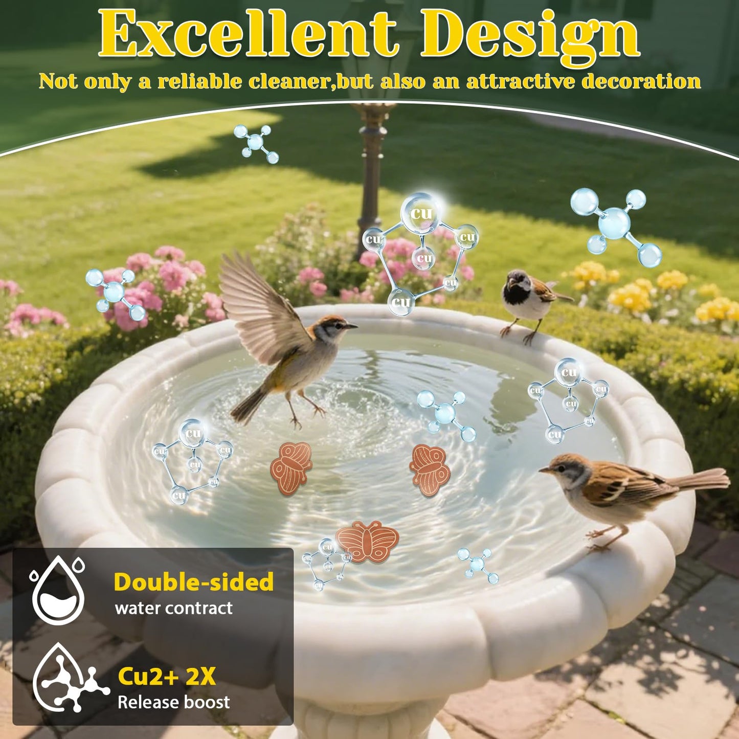 3Pcs Bird Bath Copper Purification Disk 99.99% Pure Copper Water Cleaning Discs 0.6mm Physical Clean Water for All-Season Universal Natural Fit for Outdoor Birdbaths, Bowls, Garden Fountain(Butterfly)