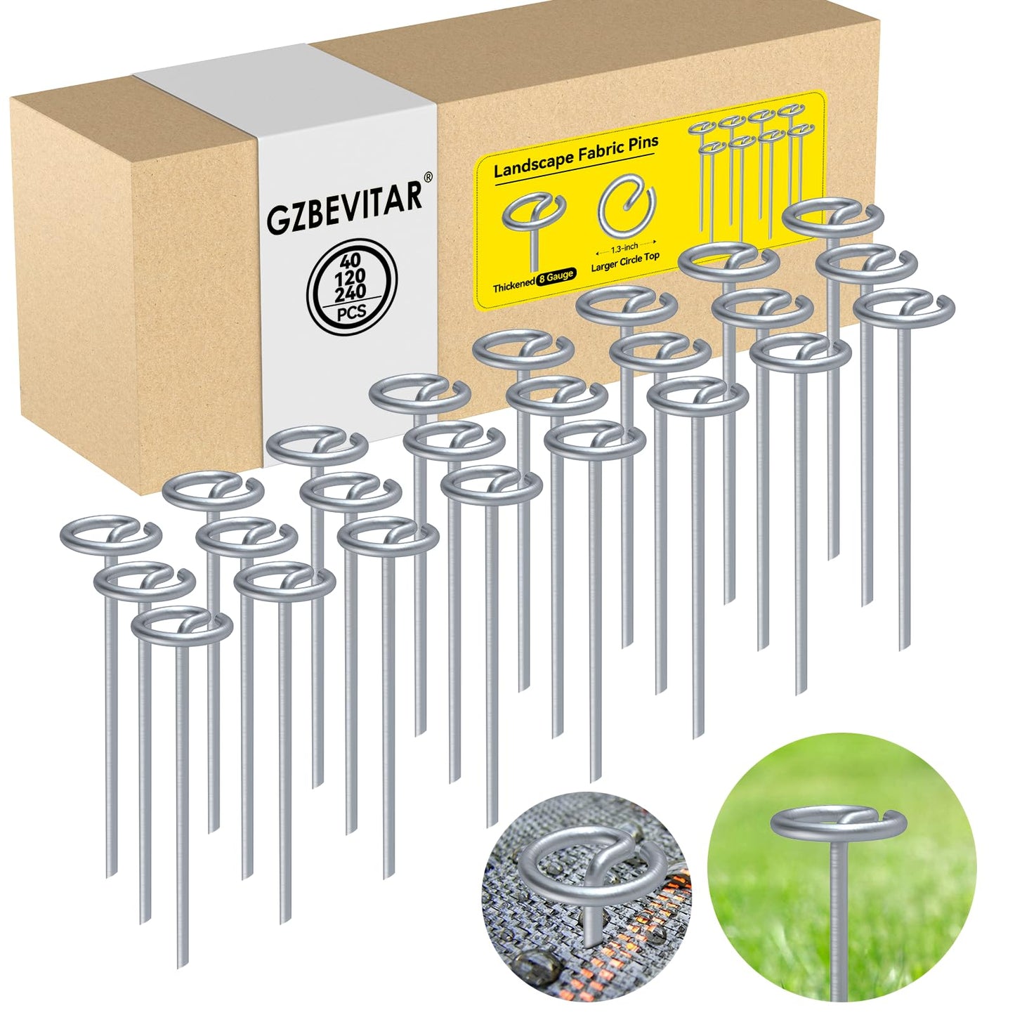 GZBEVITAR Landscape Fabric Pins, Thickened 8 Gauge Circle Top Landscape Pins, Not Easy to Bend 6 inch Galvanized Landscape Fabric Stakes, More Holding Power Than U-Shape Garden Staples (40)