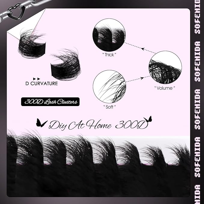 Lash Clusters 300D Volume Lash Clusters 12-25mm Long Volume Cluster Eyelash Extensions D Curvature Waterproof Eyelash Clusters Individual Cluster Lashes Soft Wispy DIY Lash Extension by Sofenida
